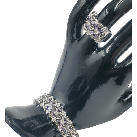 Black and Clear CZ and Simulated-Amethyst Sterling Silver Bracelet & Ring Set - Picture 1 of 6
